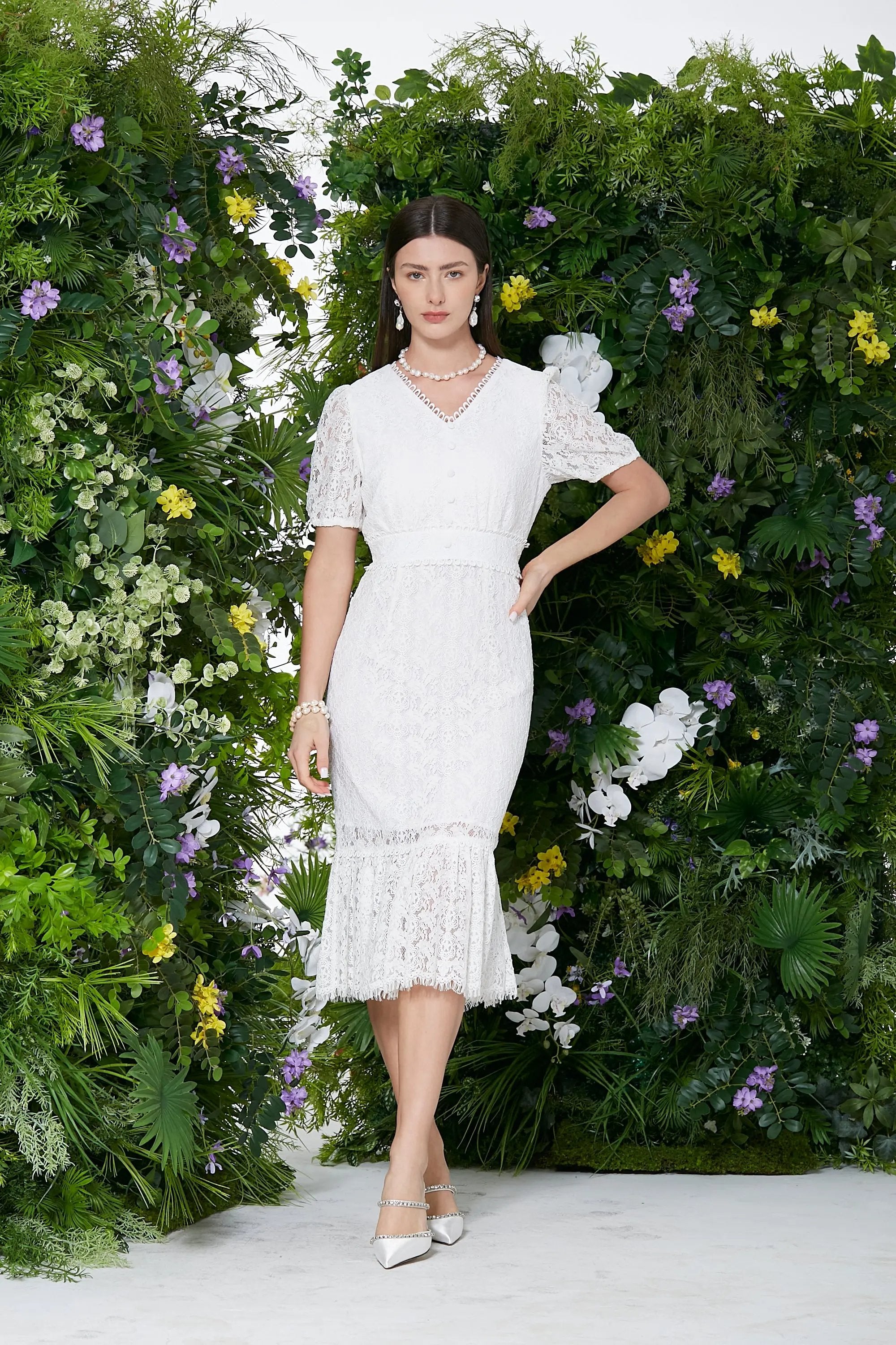 Elegant White and Pink Lace Midi Dress ULA